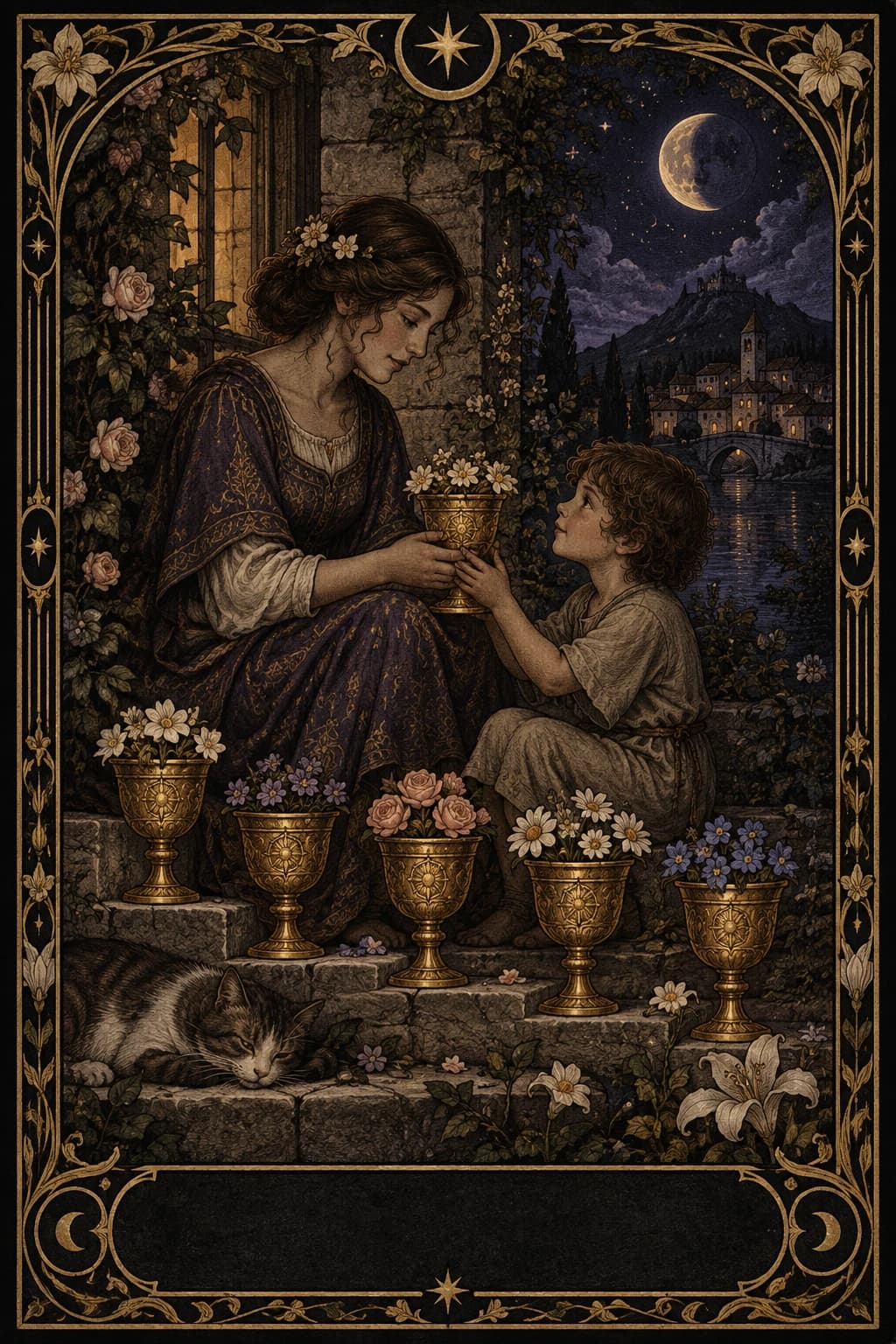 Ilustração original de Seis de Copas no baralho Aura Tarot