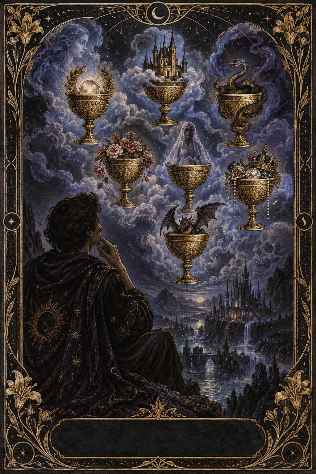 Ilustração original de Sete de Copas no baralho Aura Tarot