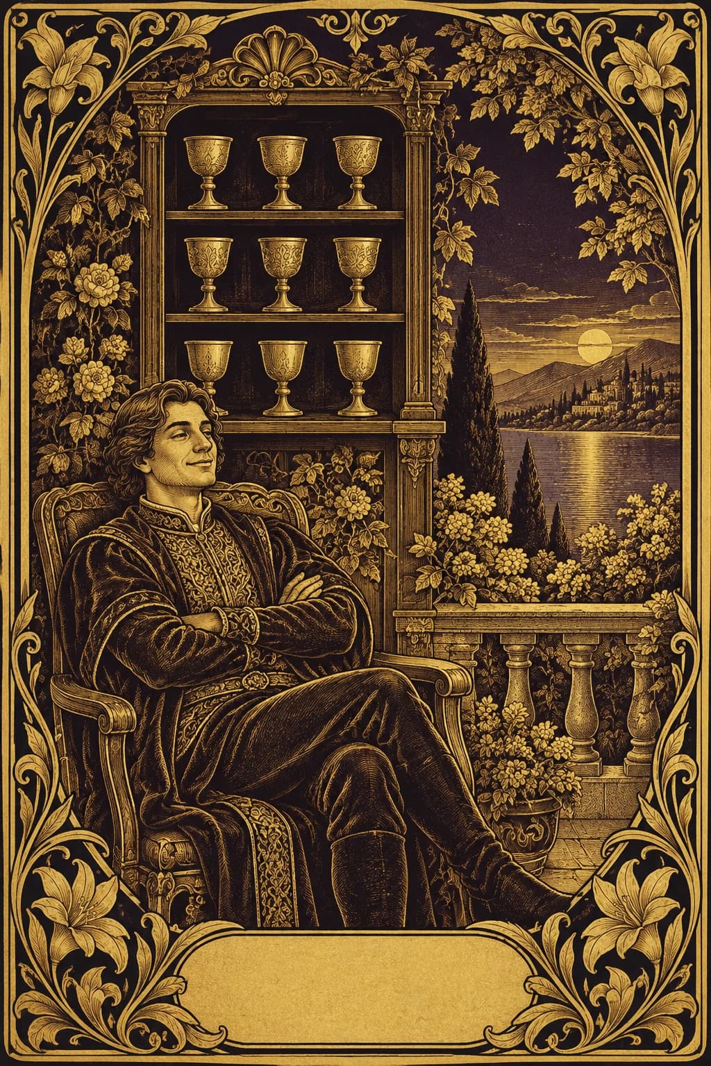 Ilustração original de Nove de Copas no baralho Aura Tarot