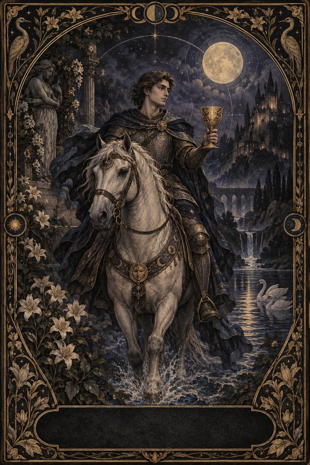 Ilustração original de Cavaleiro de Copas no baralho Aura Tarot