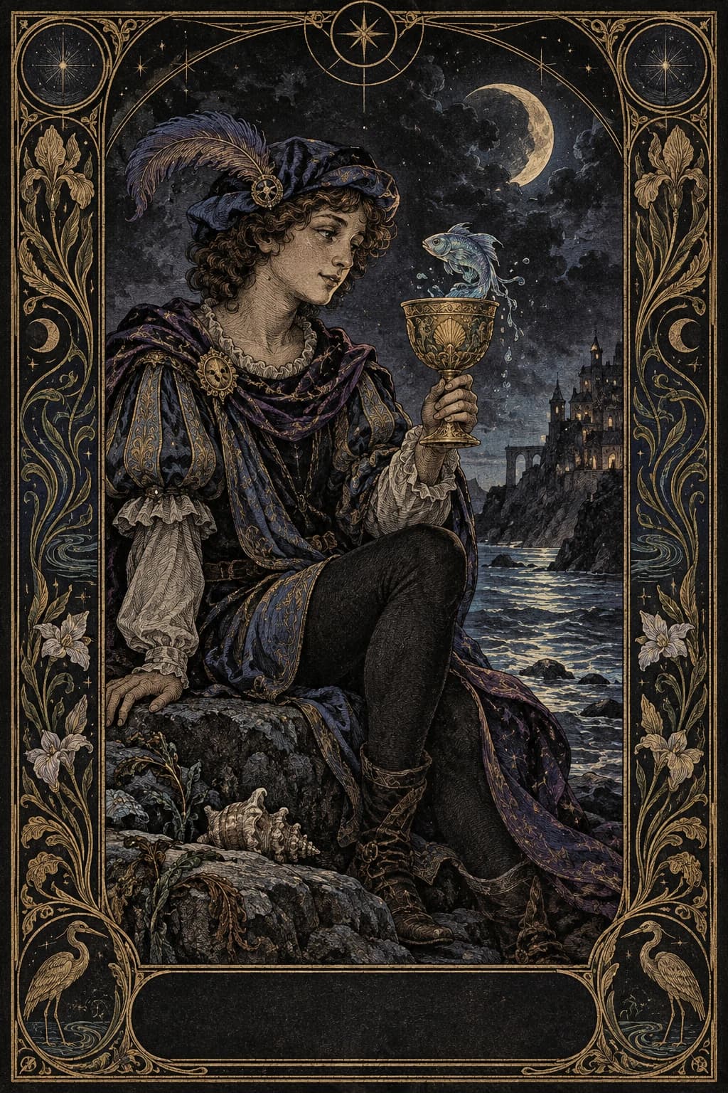 Ilustração original de Valete de Copas no baralho Aura Tarot