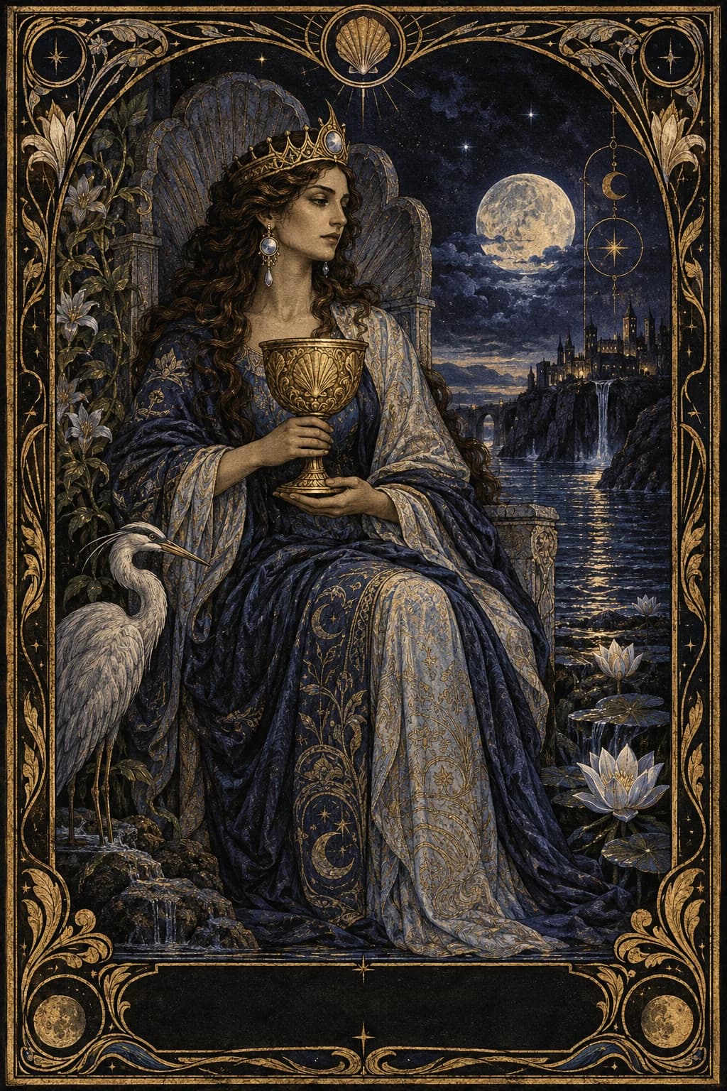 Ilustração original de Rainha de Copas no baralho Aura Tarot