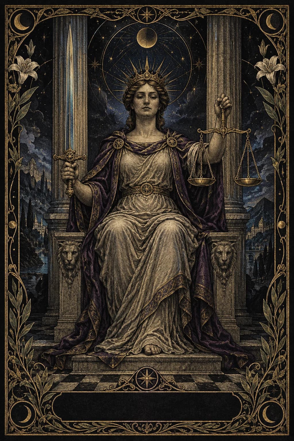 Ilustração original de A Justiça no baralho Aura Tarot