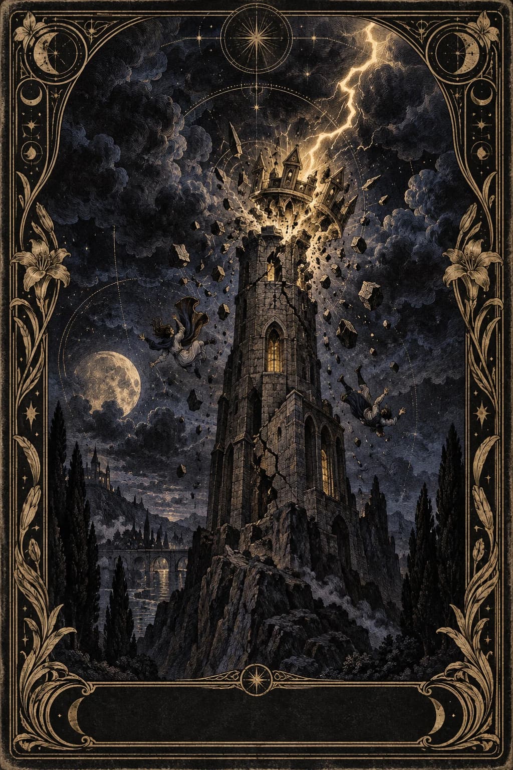 Ilustração original de A Torre no baralho Aura Tarot