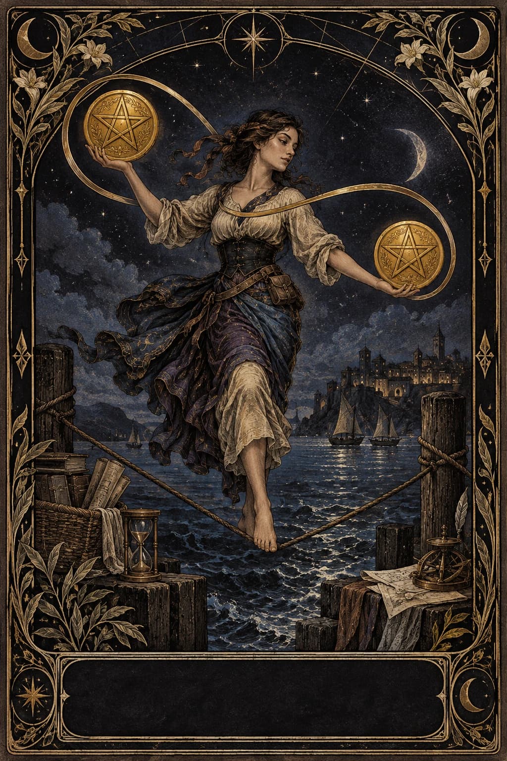 Ilustração original de Dois de Ouros no baralho Aura Tarot