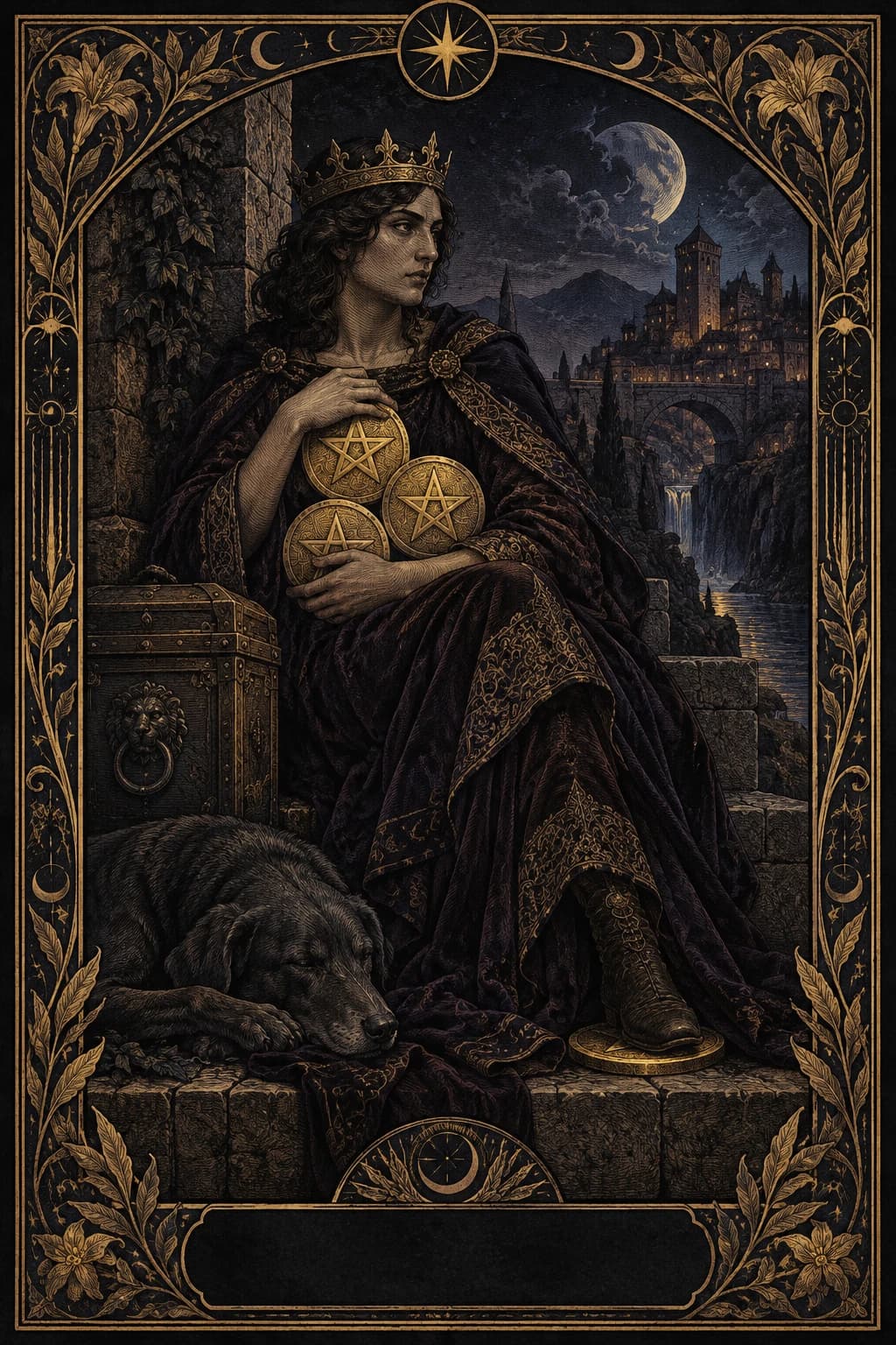 Ilustração original de Quatro de Ouros no baralho Aura Tarot