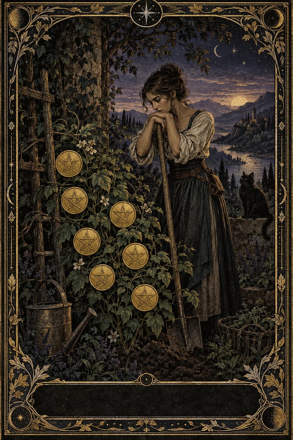 Ilustração original de Sete de Ouros no baralho Aura Tarot
