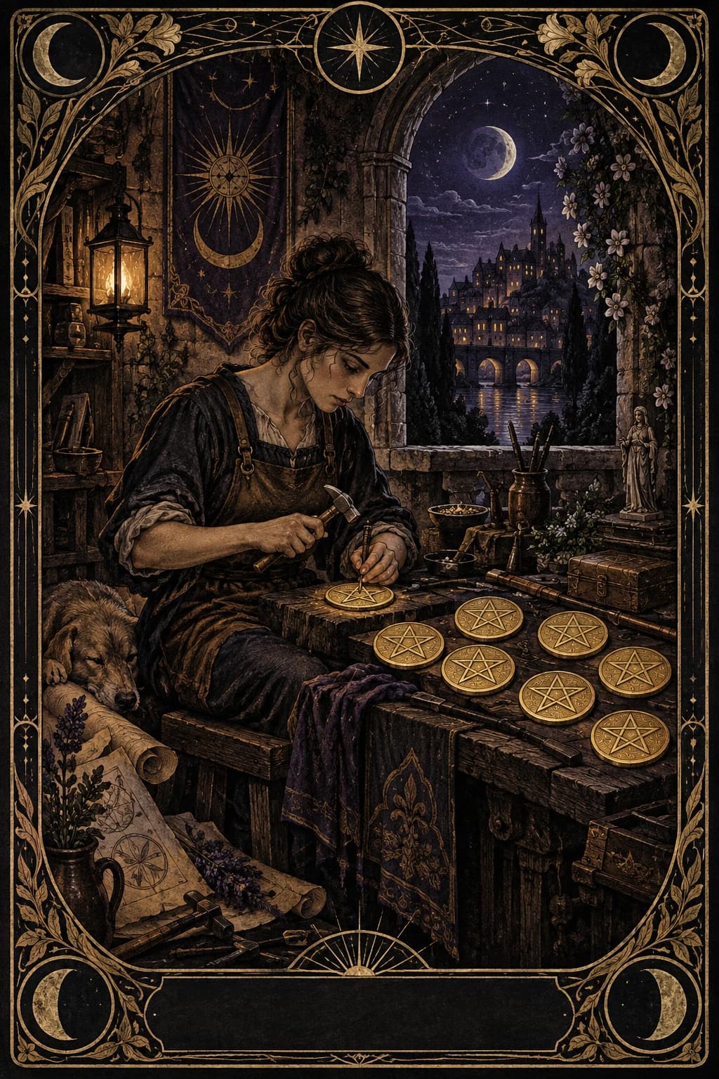 Ilustração original de Oito de Ouros no baralho Aura Tarot