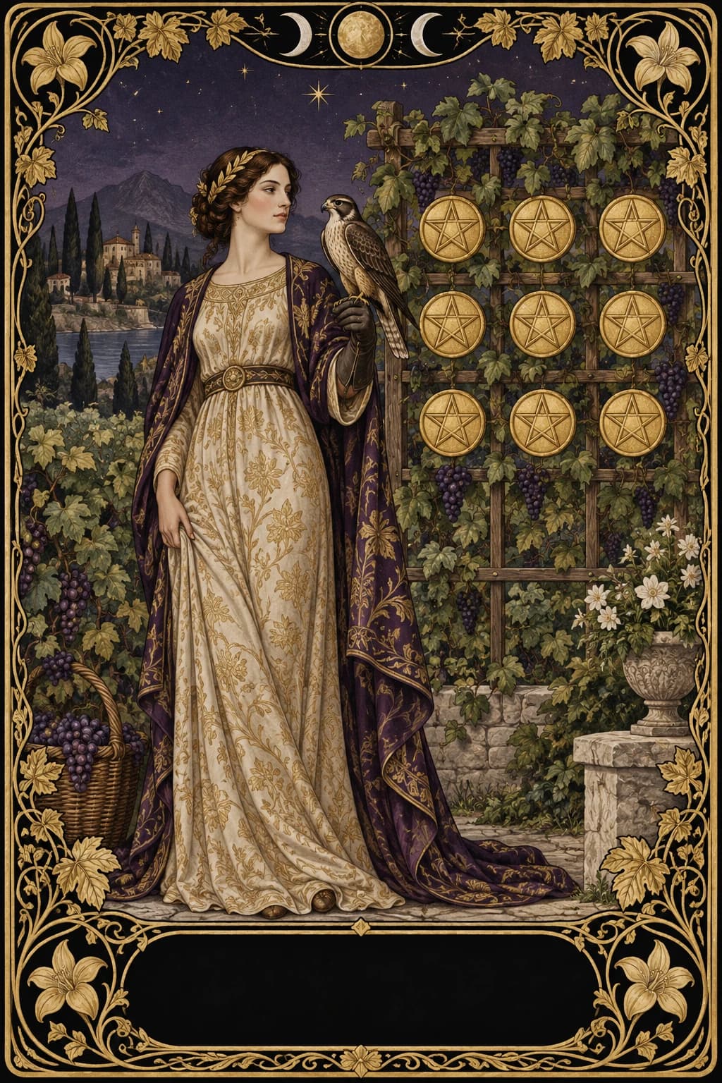 Ilustração original de Nove de Ouros no baralho Aura Tarot