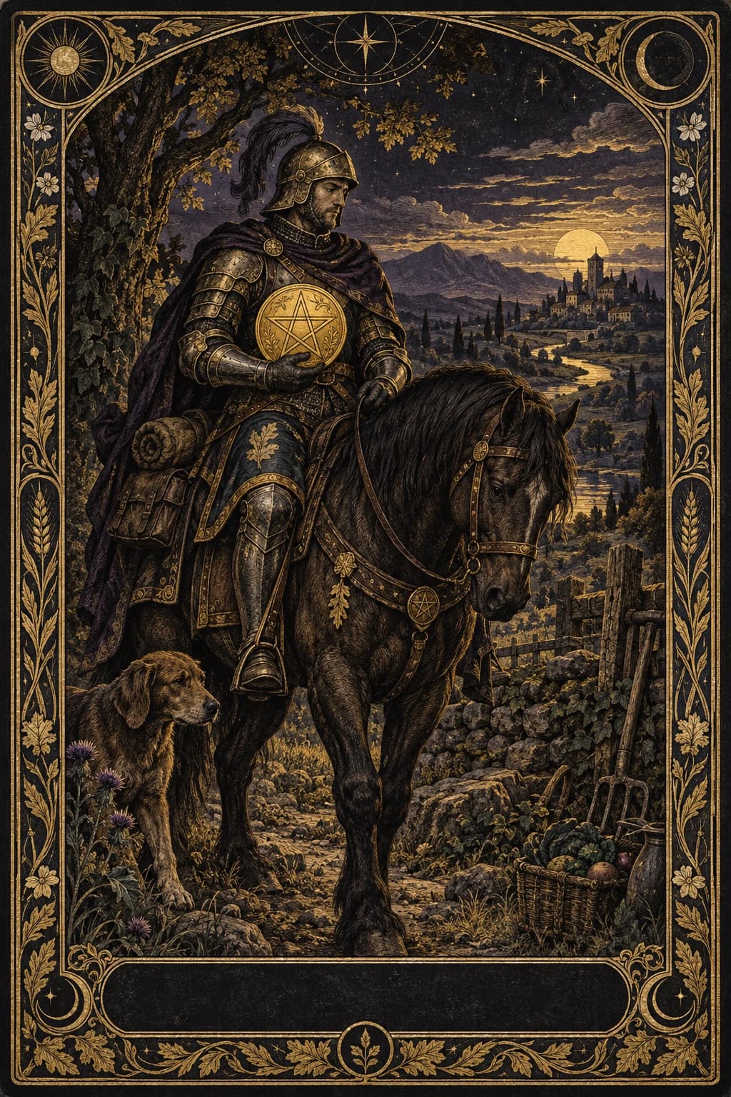 Ilustração original de Cavaleiro de Ouros no baralho Aura Tarot