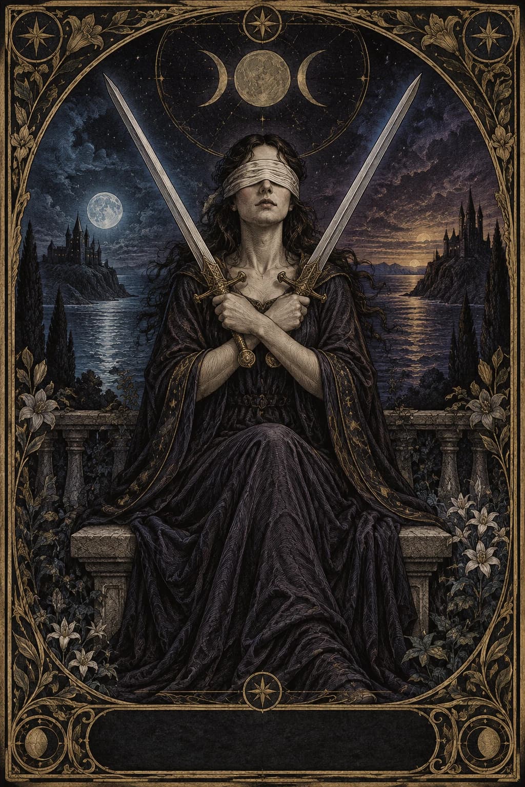 Ilustração original de Dois de Espadas no baralho Aura Tarot