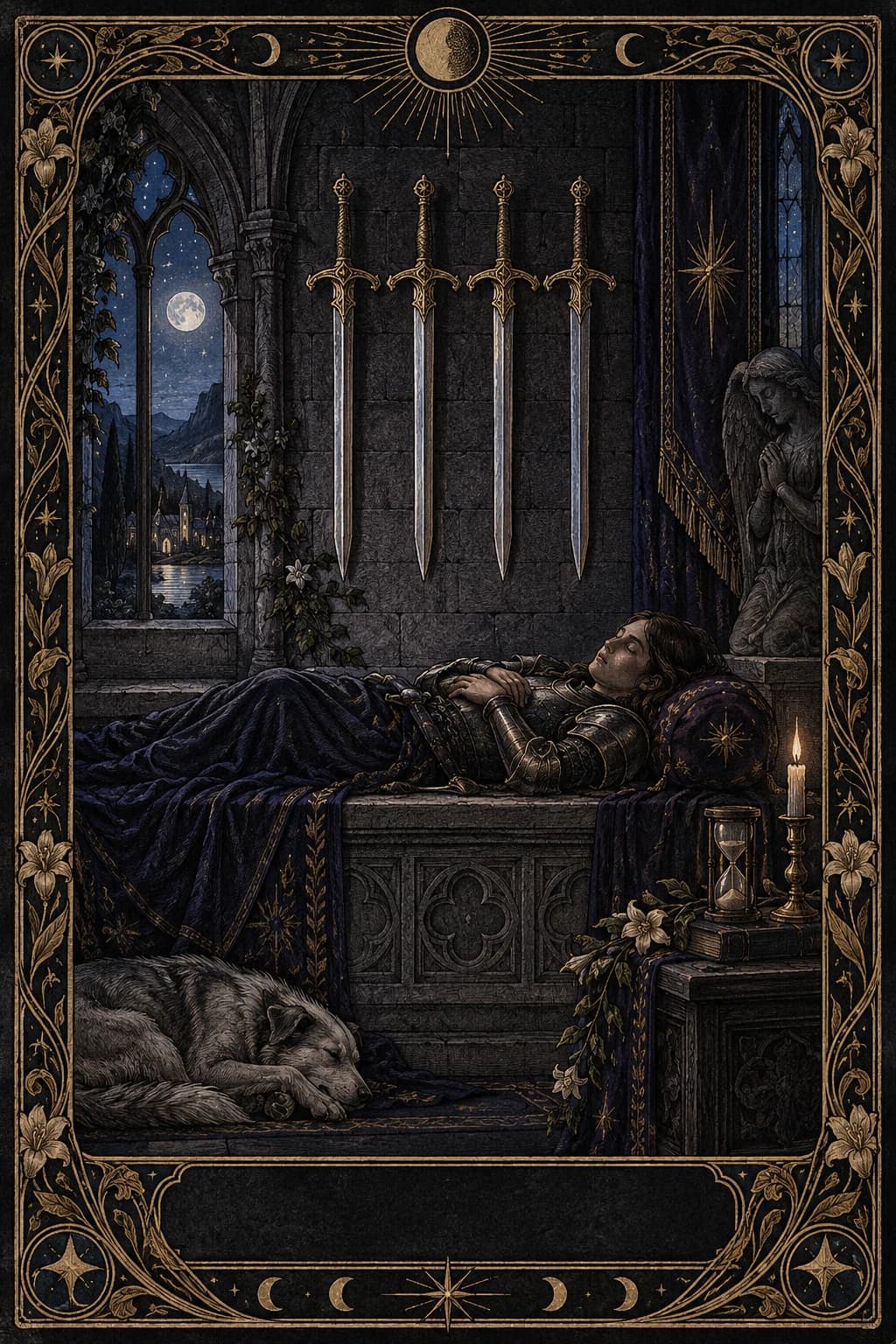 Ilustração original de Quatro de Espadas no baralho Aura Tarot