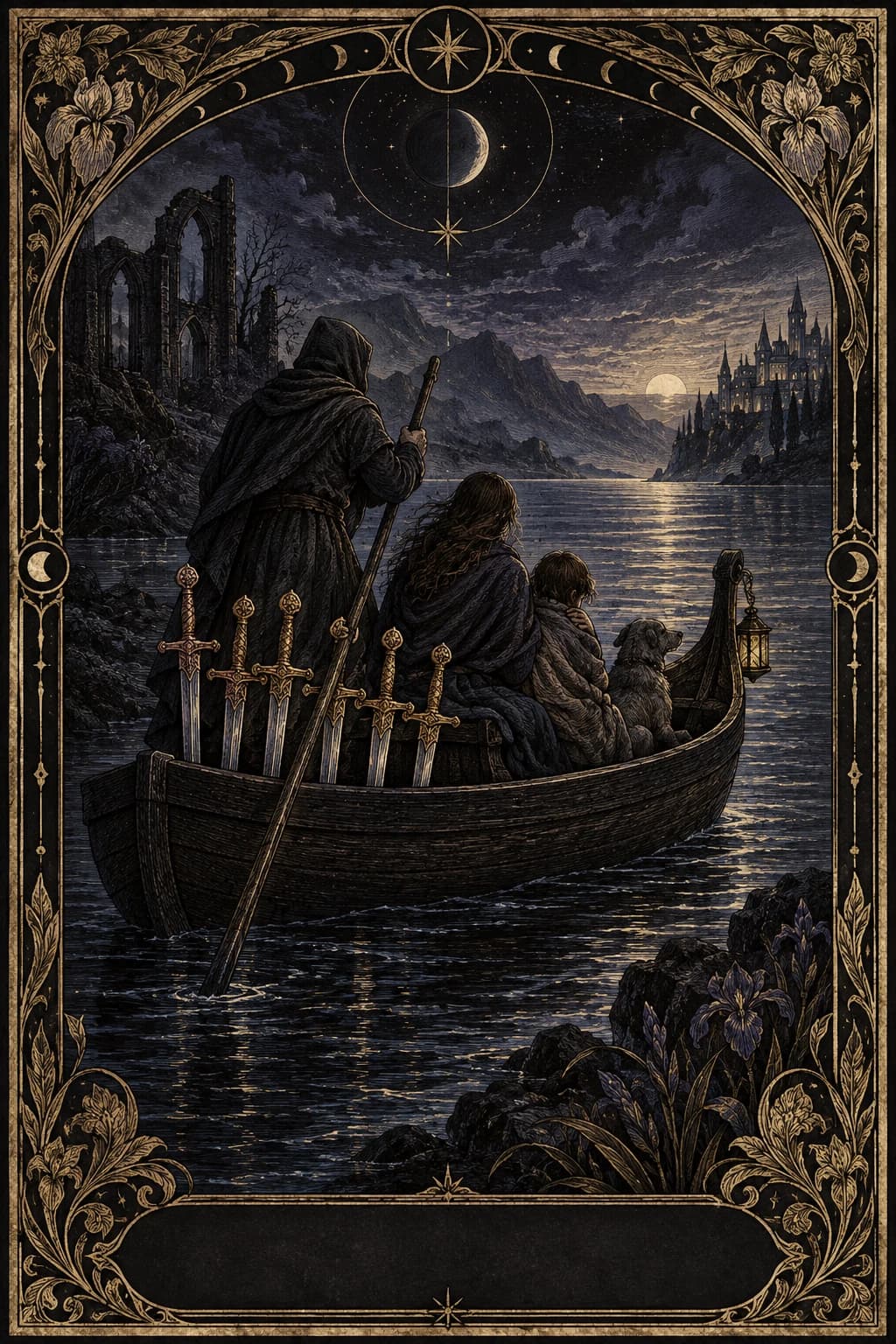 Ilustração original de Seis de Espadas no baralho Aura Tarot