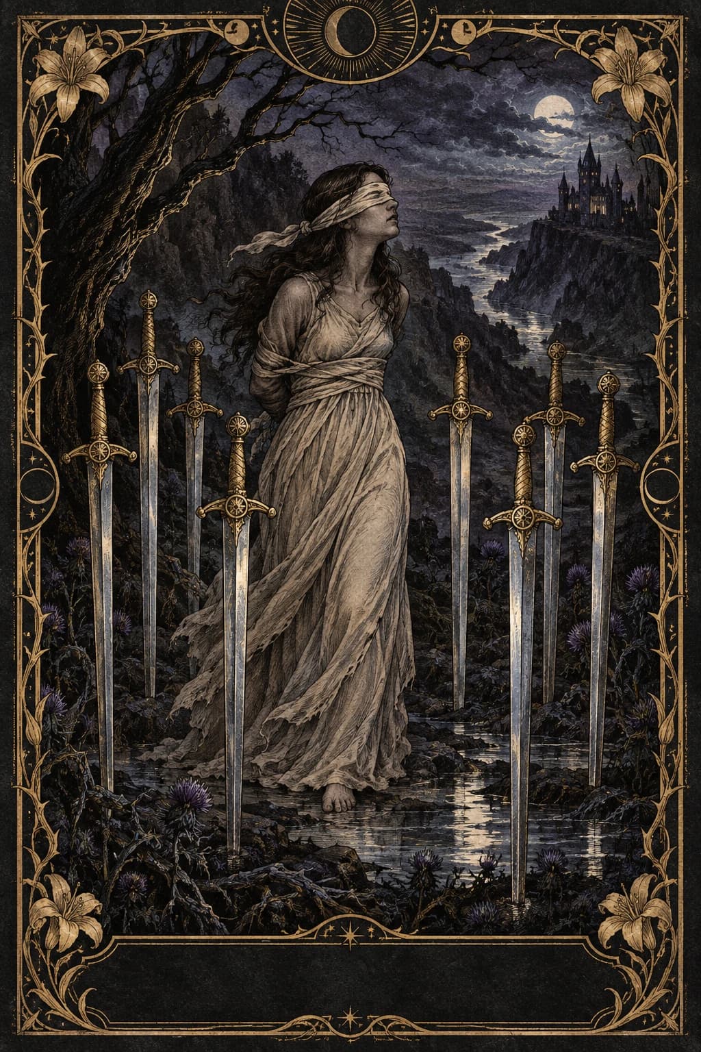 Ilustração original de Oito de Espadas no baralho Aura Tarot