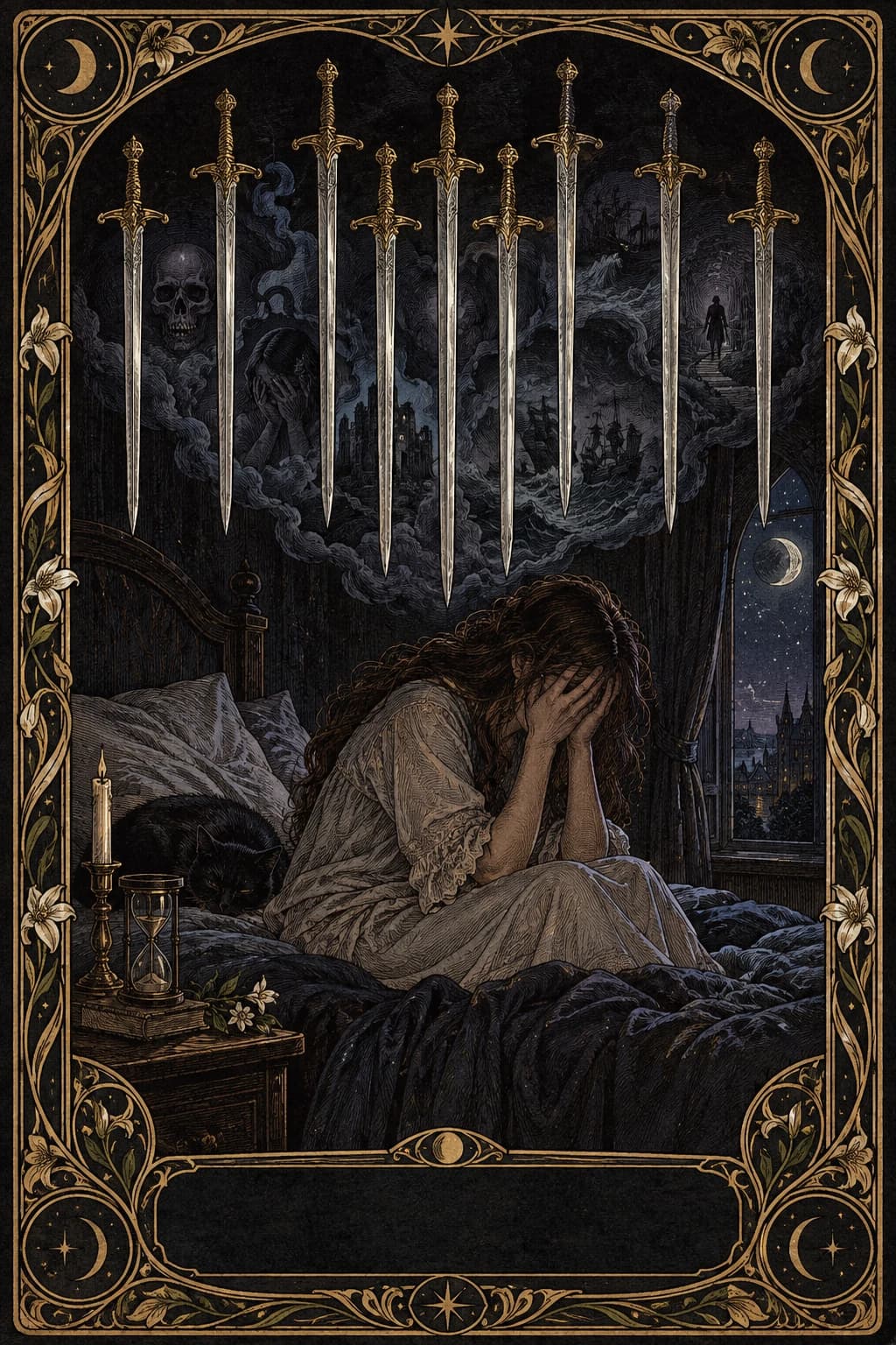 Ilustração original de Nove de Espadas no baralho Aura Tarot