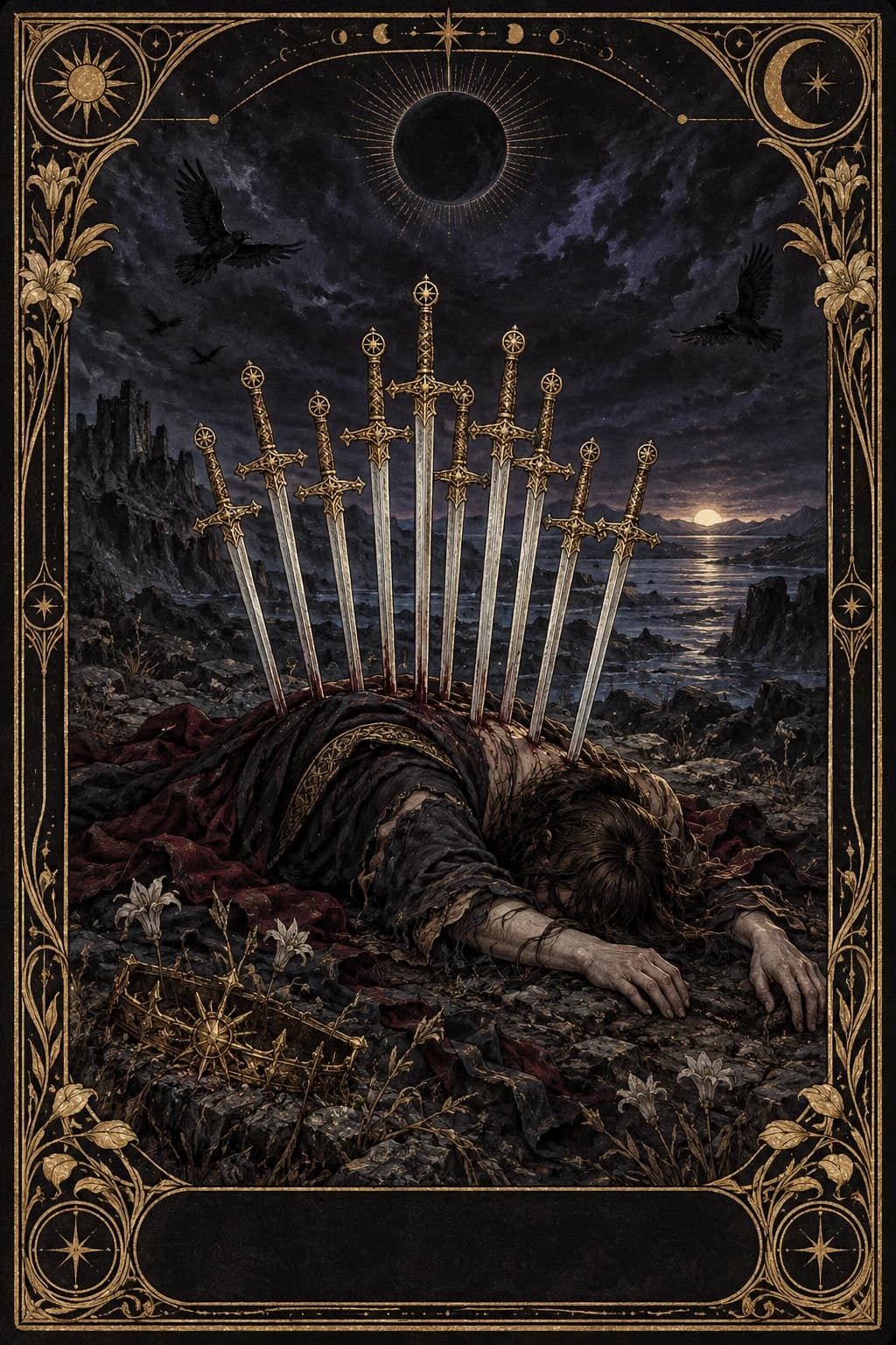 Ilustração original de Dez de Espadas no baralho Aura Tarot