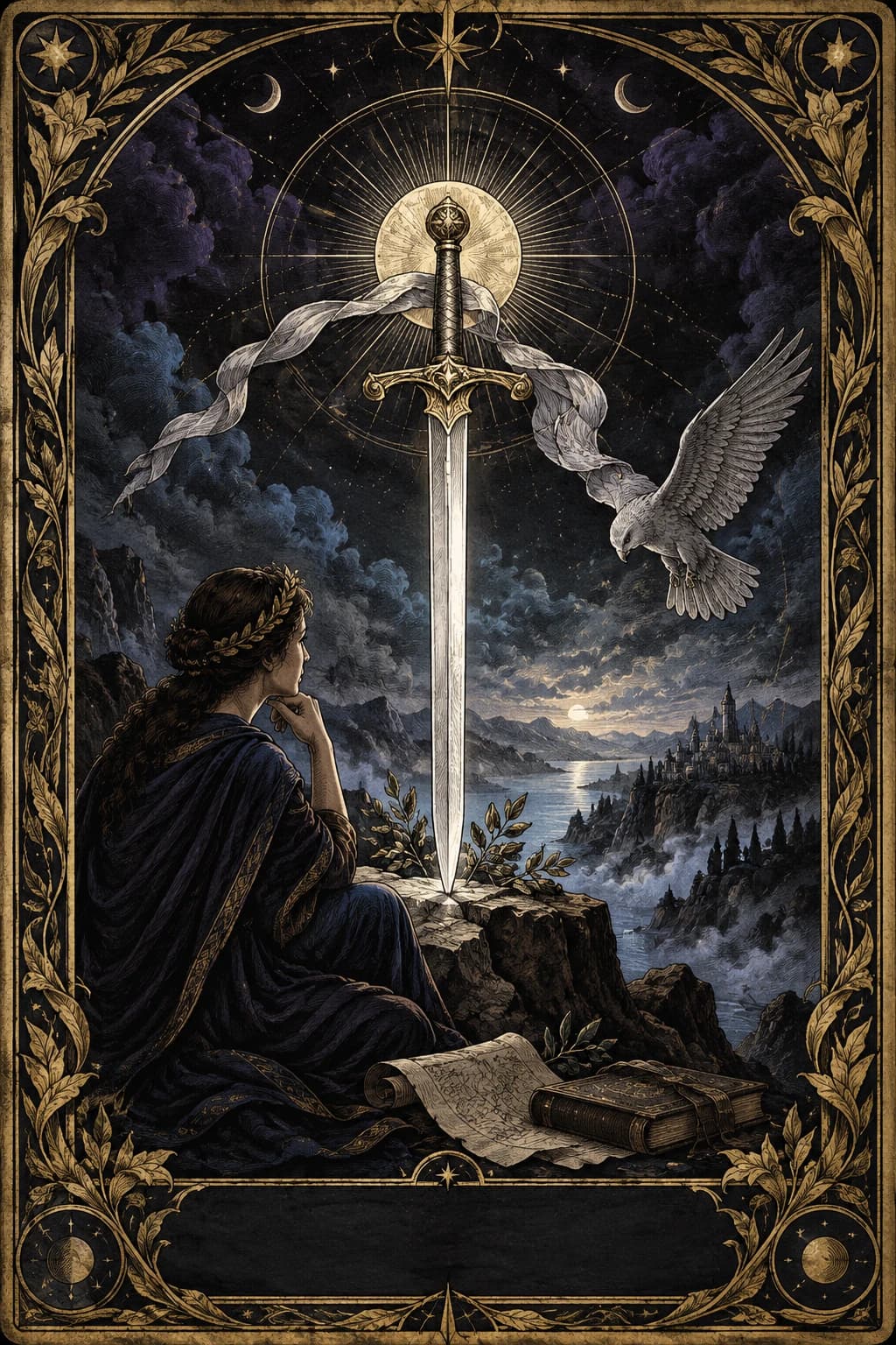 Ilustração original de Ás de Espadas no baralho Aura Tarot