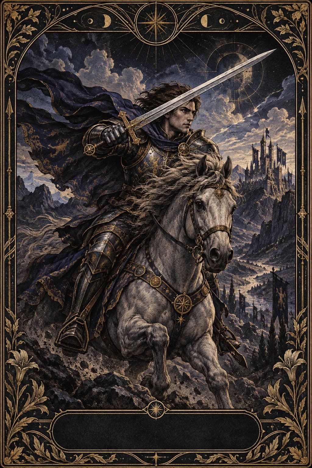 Ilustração original de Cavaleiro de Espadas no baralho Aura Tarot