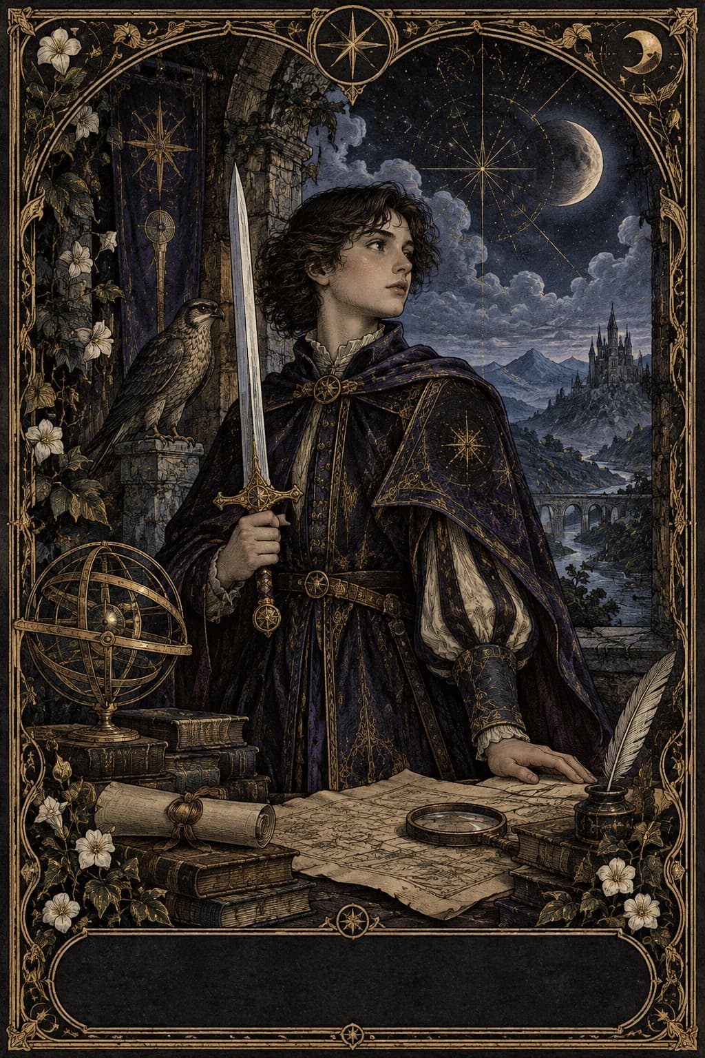 Ilustração original de Valete de Espadas no baralho Aura Tarot