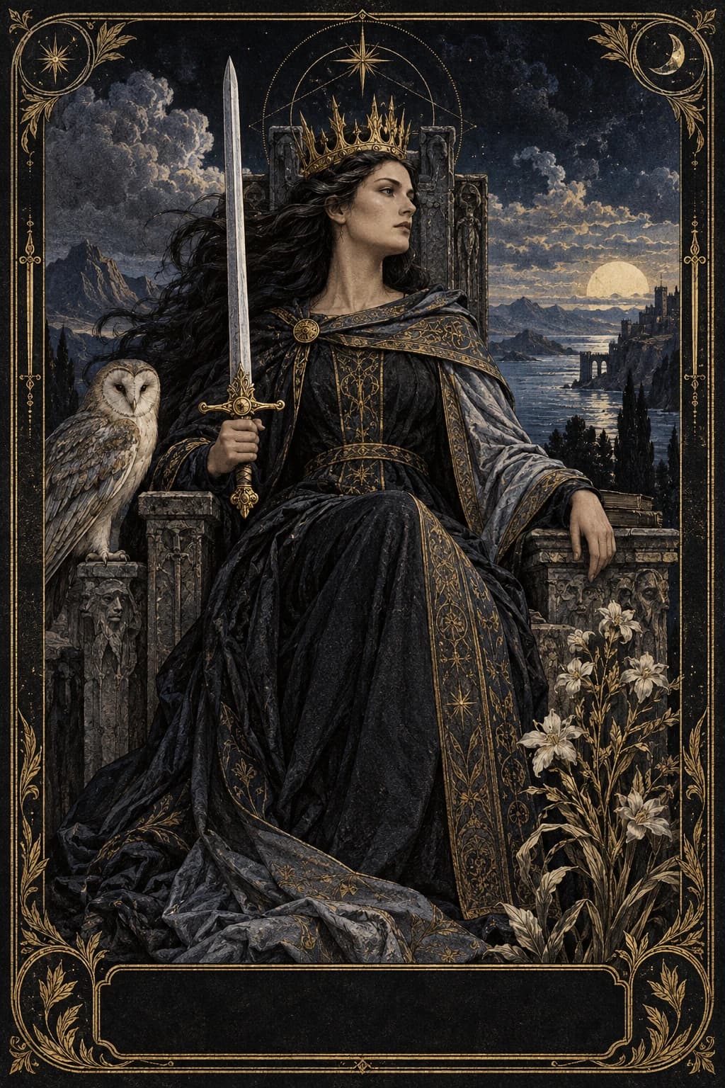 Ilustração original de Rainha de Espadas no baralho Aura Tarot