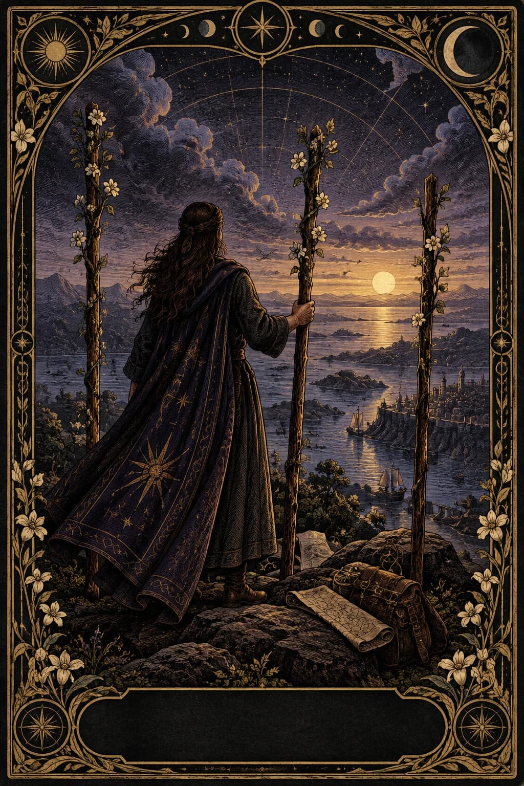 Ilustração original de Três de Paus no baralho Aura Tarot