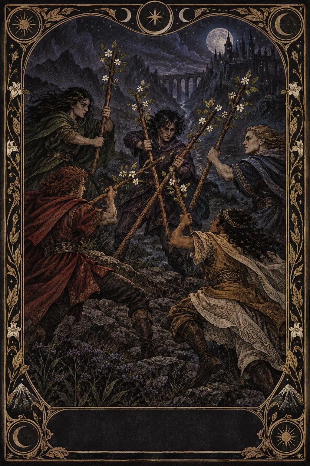 Ilustração original de Cinco de Paus no baralho Aura Tarot