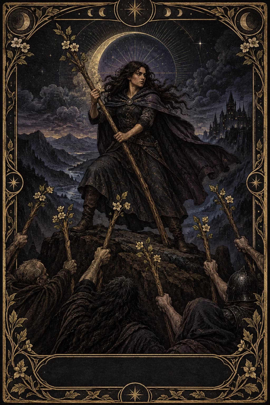 Ilustração original de Sete de Paus no baralho Aura Tarot