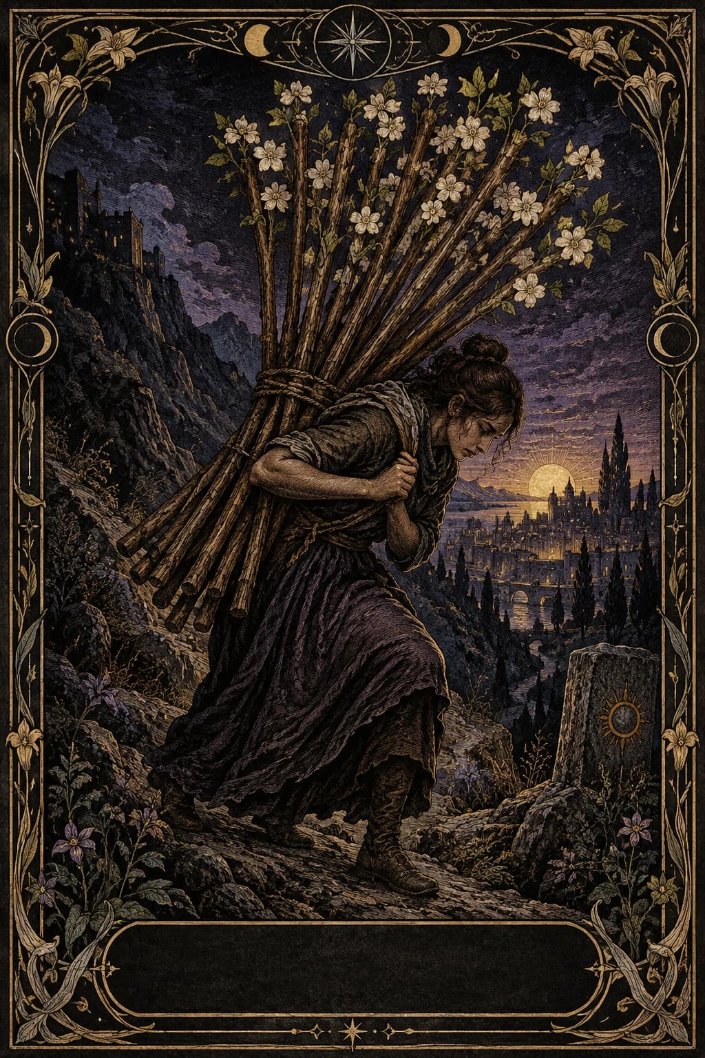 Ilustração original de Dez de Paus no baralho Aura Tarot