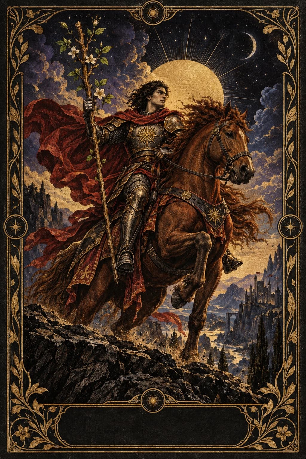 Ilustração original de Cavaleiro de Paus no baralho Aura Tarot