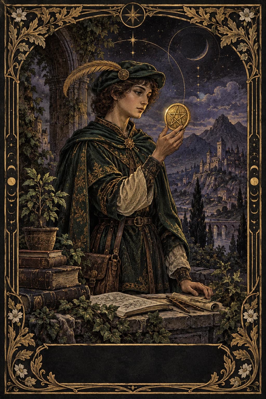 Ilustração original de Valete de Ouros no baralho Aura Tarot