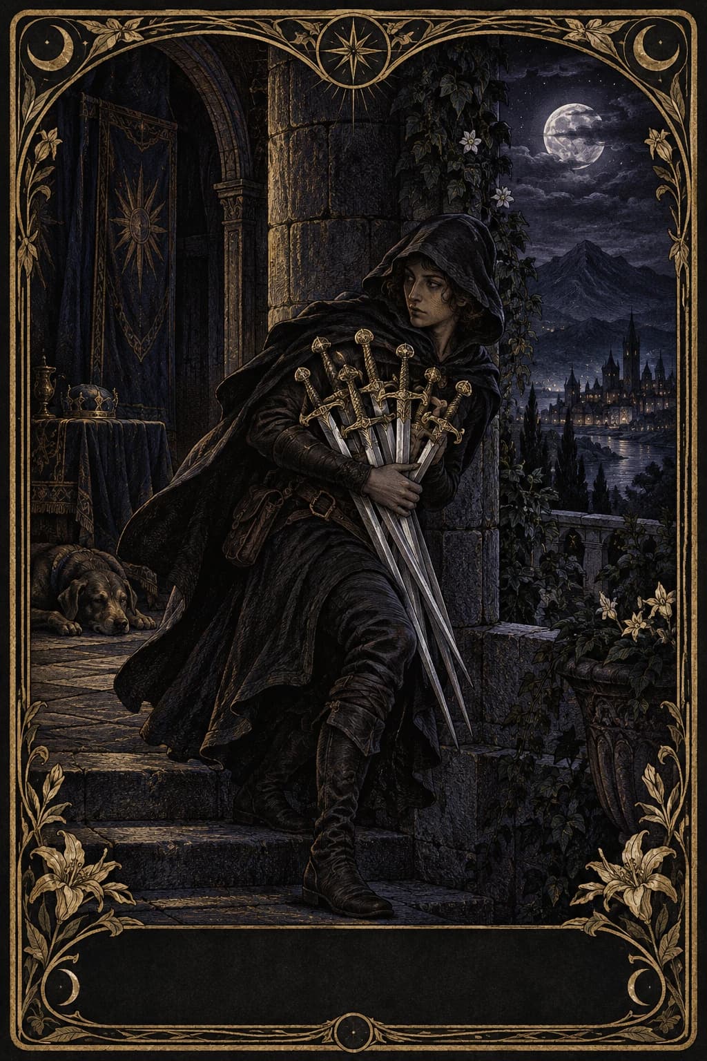 Ilustração original de Sete de Espadas no baralho Aura Tarot